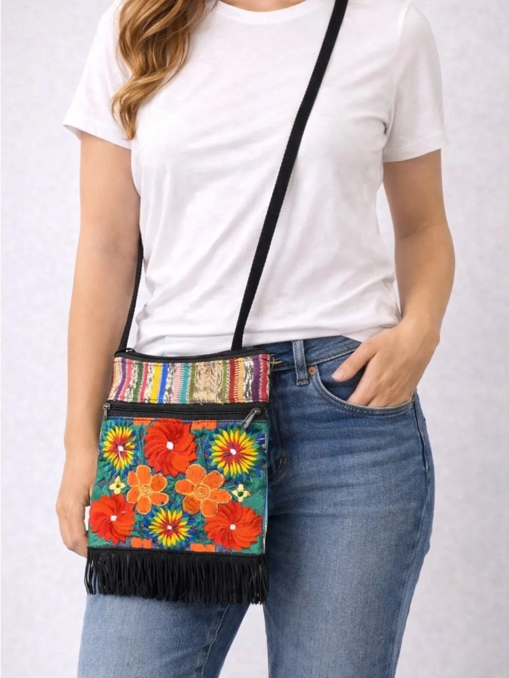 Boho Embroidered Bag Colorful Floral Fringe Ethnic Festival Hippie Purse